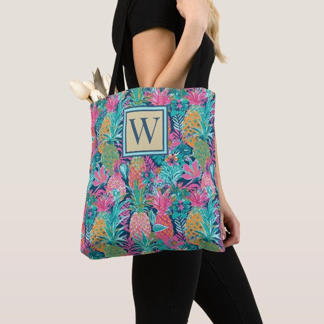 Preppy Pink Teal Navy Blue Pineapple Monogram Tote Bag (Close Up)
