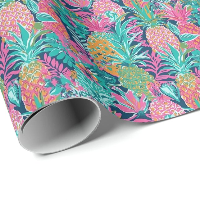 Preppy Pink Teal Navy Blue Pineapples Wrapping Paper (Roll Corner)