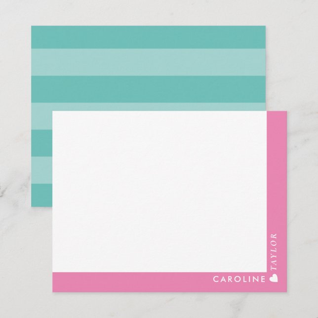 Preppy Pink & Teal Stripes Cute Girly Personalised Card (Front/Back)