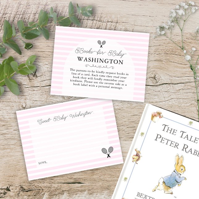 Preppy Pink Tennis Baby Shower Book Request Enclosure Card (elegant pink baby shower book request enclosure card for preppy country club chic books for baby)