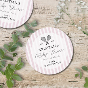 Preppy Pink Tennis Country Club Baby Shower Round Paper Coaster