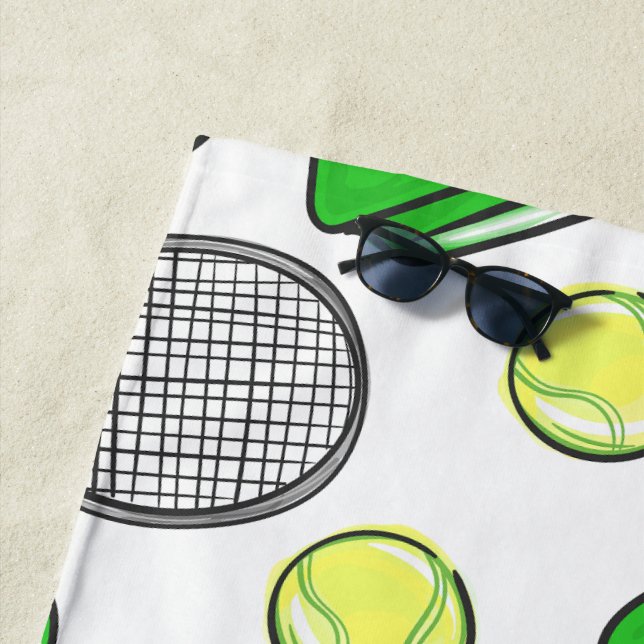 Preppy Pink Tennis Racquet Green Pattern Beach Towel (In Situ)