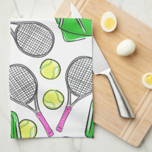 Preppy Pink Tennis Racquet Green Pattern Tea Towel