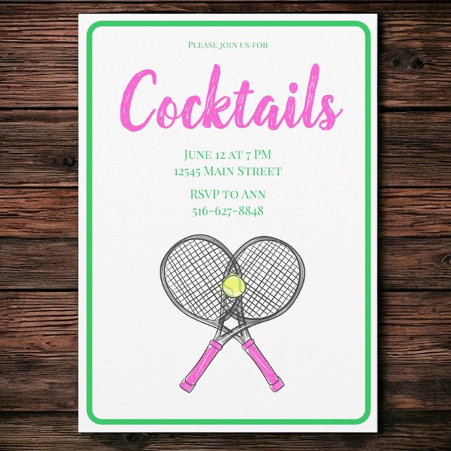 Preppy Pink Tennis Racquets Cocktail Party Invitation (Creator Uploaded)