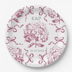 Preppy Pink Toile Hydrangea Bow with Name Paper Plate