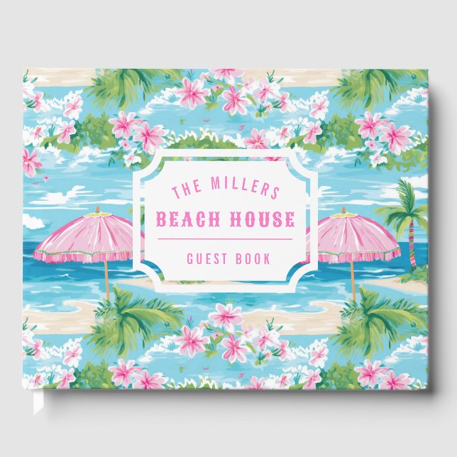 Preppy Pink Umbrella | Beach House Guest Book (Front)