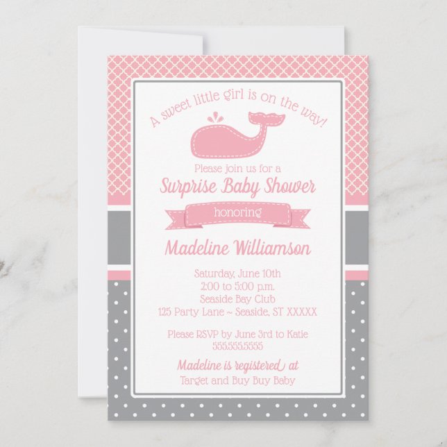 Preppy Pink Whale Baby Shower Invitation (Front)