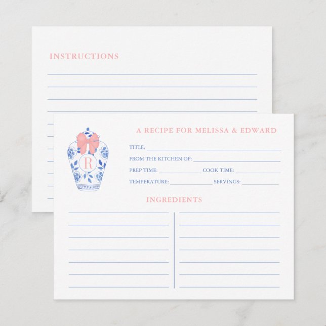 Preppy Pink White Blue Monogram Shower Recipe Card (Front/Back)