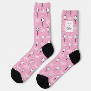 Preppy Pink White Bow Golf Pattern Monogram Socks