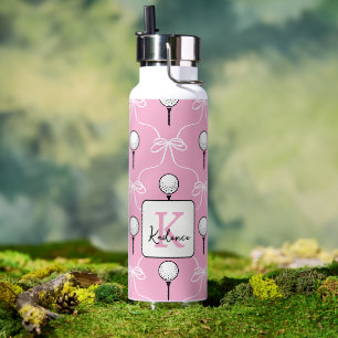 Preppy Pink White Bow Golf Pattern Monogram Water Bottle
