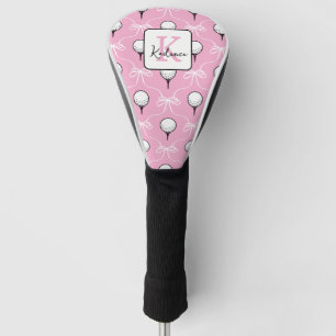 Preppy Pink White Bow Pattern Monogram Golf Head Cover