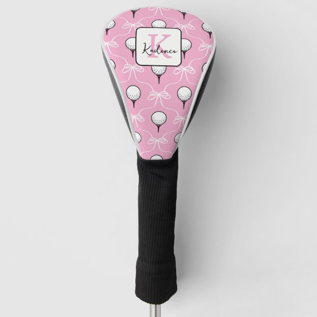 Preppy Pink White Bow Pattern Monogram  Golf Head Cover (Front)