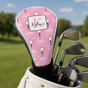 Preppy Pink White Bow Pattern Monogram Golf Head Cover