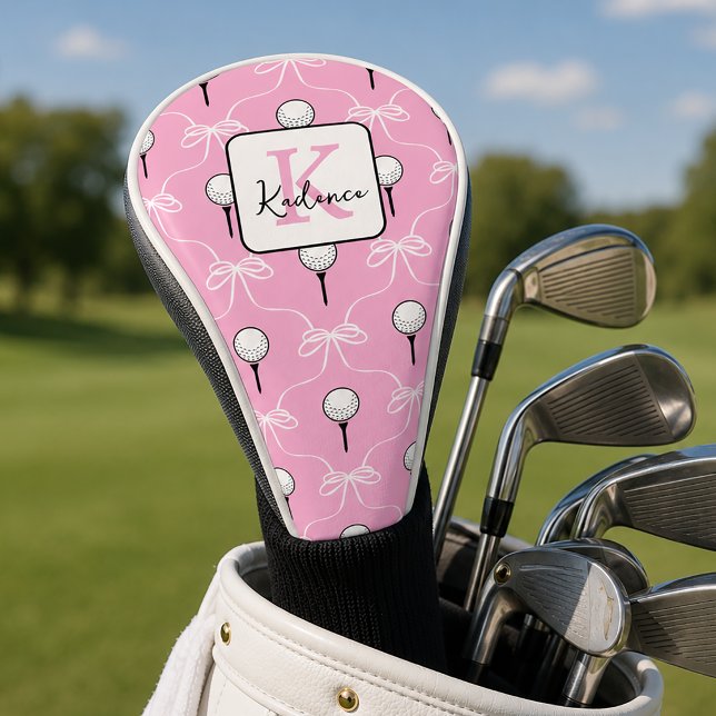 Preppy Pink White Bow Pattern Monogram  Golf Head Cover (Creator Uploaded)
