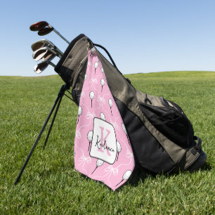 Preppy Pink White Bow Pattern Monogram Golf Towel