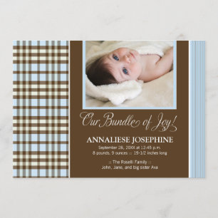 Preppy Plaid Baby Birth Announcement (blue)