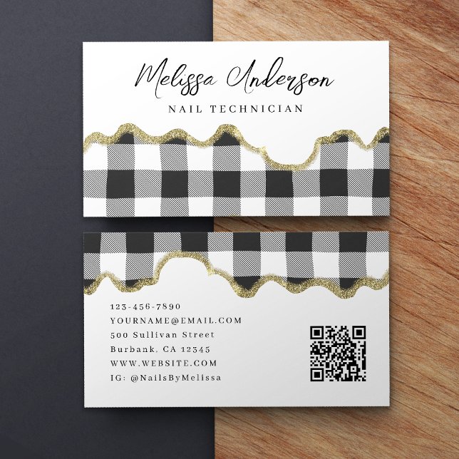 Preppy Plaid Black White Gold Glitter QR Code Business Card (Creator Uploaded)