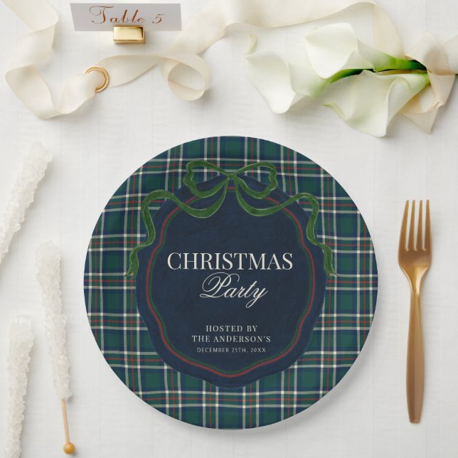 Preppy Plaid Christmas Party Green Navy Tartan   Paper Plate (Wedding)