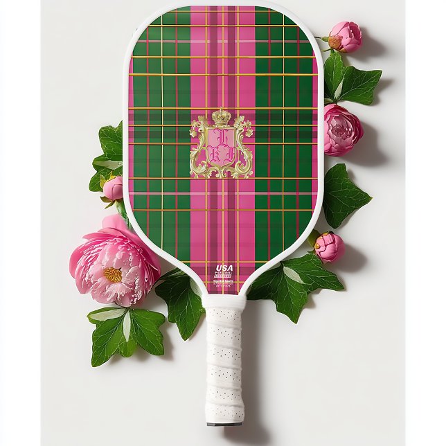 Preppy Plaid Pink and Green Monogrammed  Pickleball Paddle (Stylish Preppy Pink and Green Plaid Pickleball Paddle )