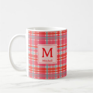 Preppy plaid red, pink Christmas family monogram Coffee Mug