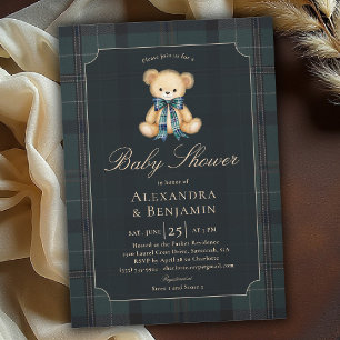 Preppy Plaid Tartan Teddy Bow Coed Boy Baby Shower Invitation