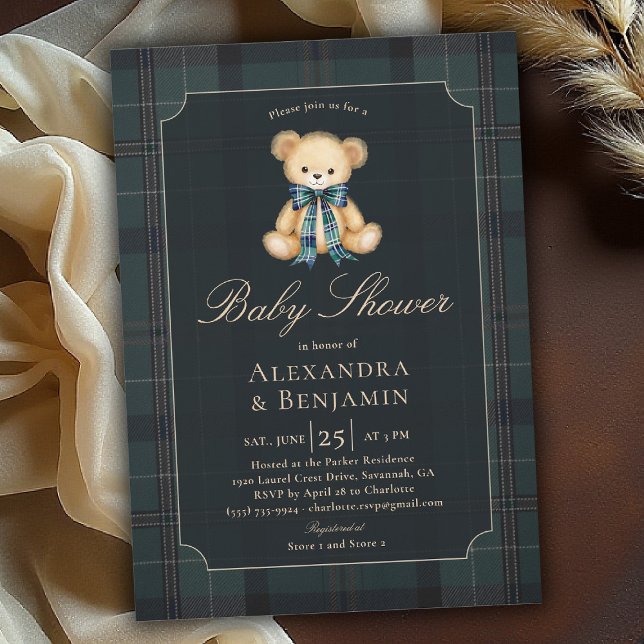 Preppy Plaid Tartan Teddy Bow Coed Boy Baby Shower Invitation (preppy baby shower invitation teddy bear tartan plaid bow elegant country club modern classic coed)