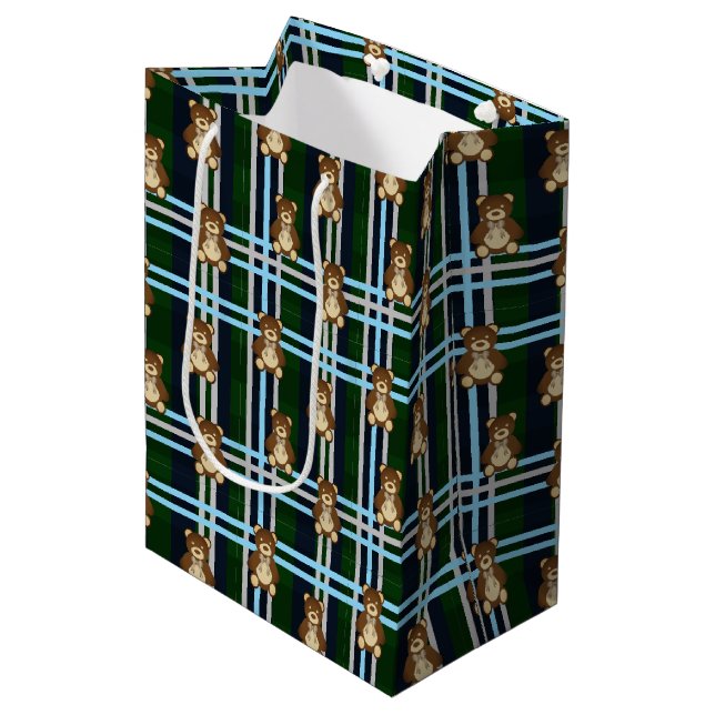 Preppy Plaid Teddy Bear Baby Shower Medium Gift Bag (Front Angled)