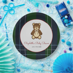 Preppy Plaid Teddy Bear Baby Shower Paper Plate