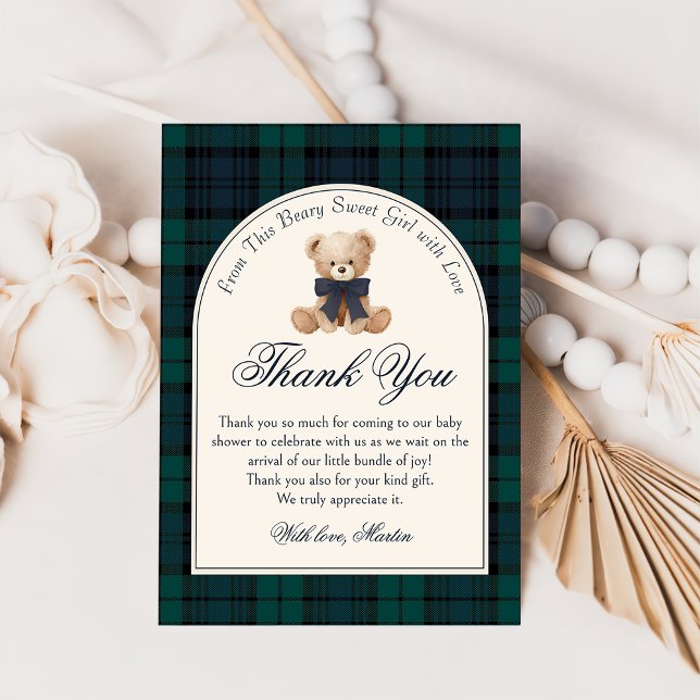 Preppy Plaid Teddy Bear Birthday Thank You Card (Creator Uploaded)