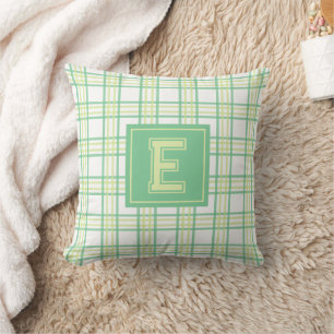 Preppy Plaid Varsity Monogram Green Lime Cushion