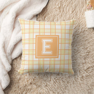 Preppy Plaid Varsity Monogram Orange Yellow  Cushion