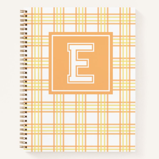 Preppy Plaid Varsity Monogram Orange Yellow Notebook (Front)