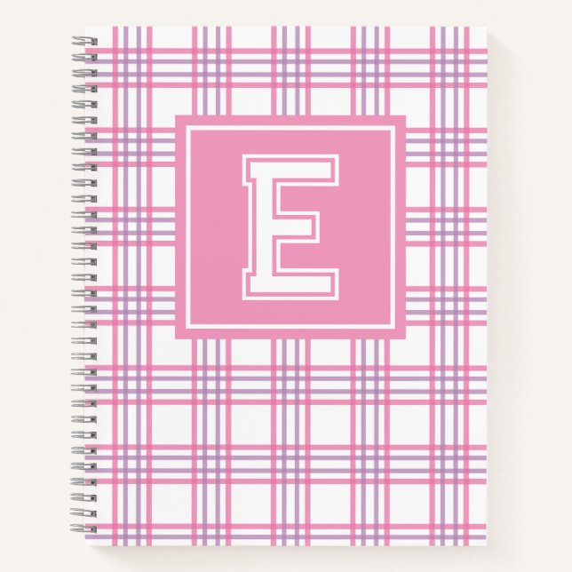 Preppy Plaid Varsity Monogram Pink Purple Notebook (Front)