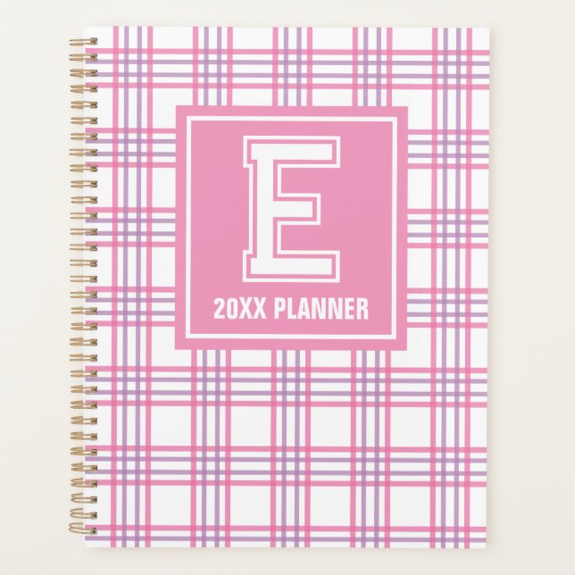 Preppy Plaid Varsity Monogram Pink Purple Planner (Front)