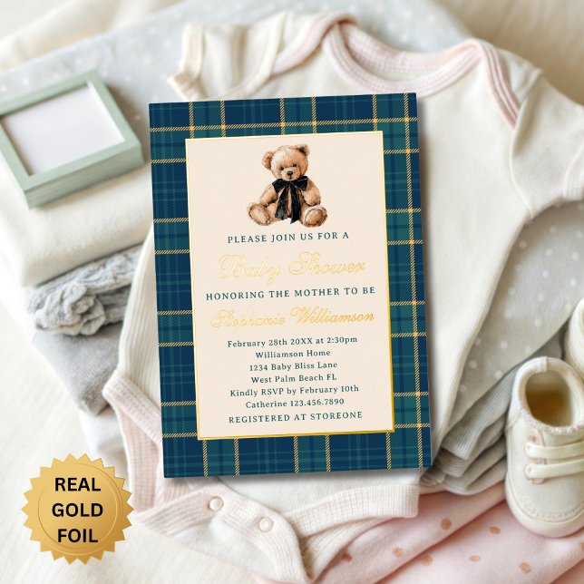 Preppy Plaid Vintage Teddy Bear Baby Shower Gold (Creator Uploaded)