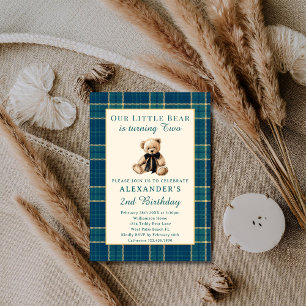 Preppy Plaid Vintage Teddy Bear Boy 2nd Birthday Invitation