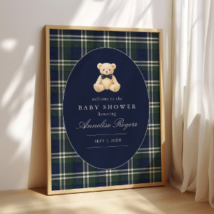 Preppy Polo Tartan Teddy Bear Boy Baby Shower Poster