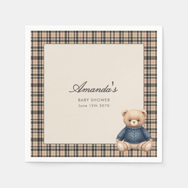 Preppy Polo Teddy Bear Luxury Baby Shower Beige  Napkin (Front)