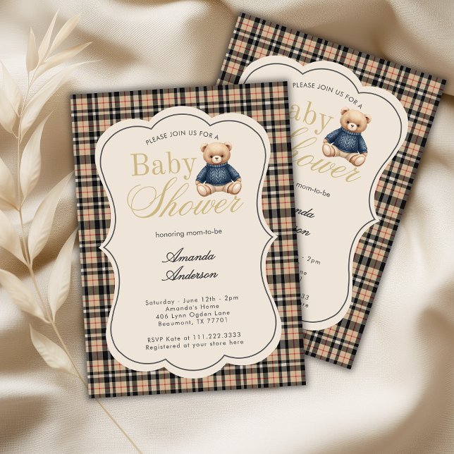 Preppy Polo Teddy Bear Luxury Beige Baby Shower Invitation (Creator Uploaded)