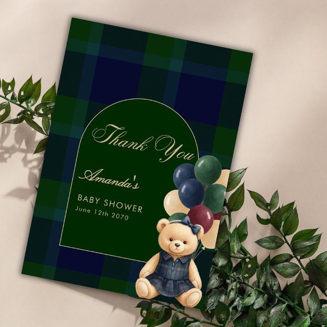 Preppy Polo Teddy Bear Luxury Girl Baby Shower Thank You Card (Creator Uploaded)
