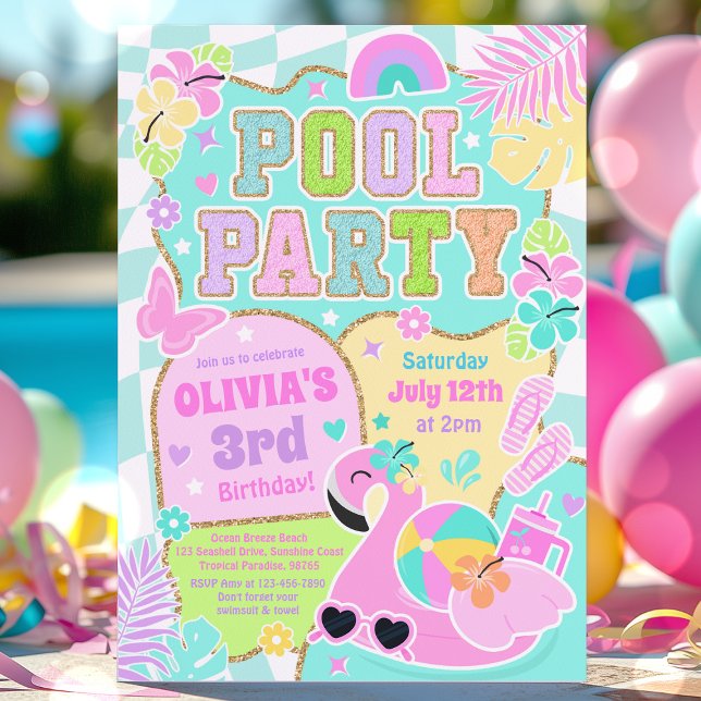 Preppy Pool Party Trendy Cute Girly Pool Birthday Invitation (Creator Uploaded)
