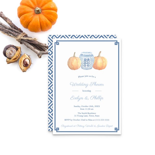 Preppy Pumpkin Navy Burnt Orange Wedding Shower Invitation (Orange Pumpkins With Navy Blue And White Ginger Jar Greek Key Wedding Shower Party Invitation)