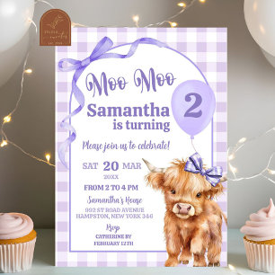 Preppy Purple Moo Moo Holy Cow 2nd Birthday Invitation