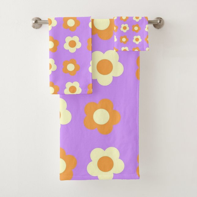 Preppy Purple Orange Floral Simple Flower Pattern Bath Towel Set (Insitu)