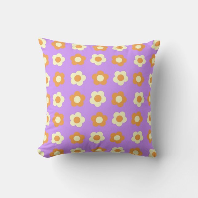Preppy Purple Orange Floral Simple Flower Pattern Cushion (Front)