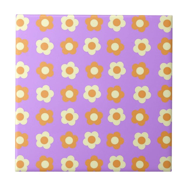 Preppy Purple Orange Floral Simple Flower Pattern Tile (Front)