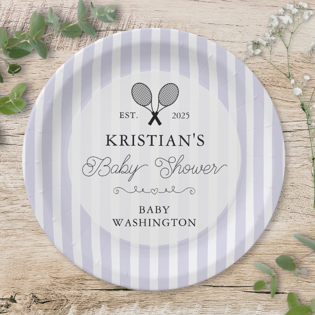 Preppy Purple Tennis Country Club Baby Shower Paper Plate (elegant purple tennis theme baby shower paper plates for chic preppy upscale country club events)