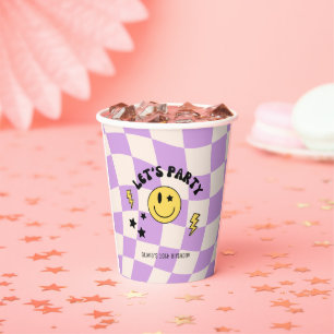 Preppy Purple Y2K Happy Face Birthday Paper Cups