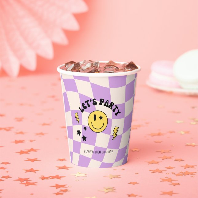 Preppy Purple Y2K Happy Face Birthday Paper Cups (Insitu)