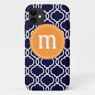 Preppy Quatrefoil Custom Monogram in Navy & Orange iPhone 11 Case